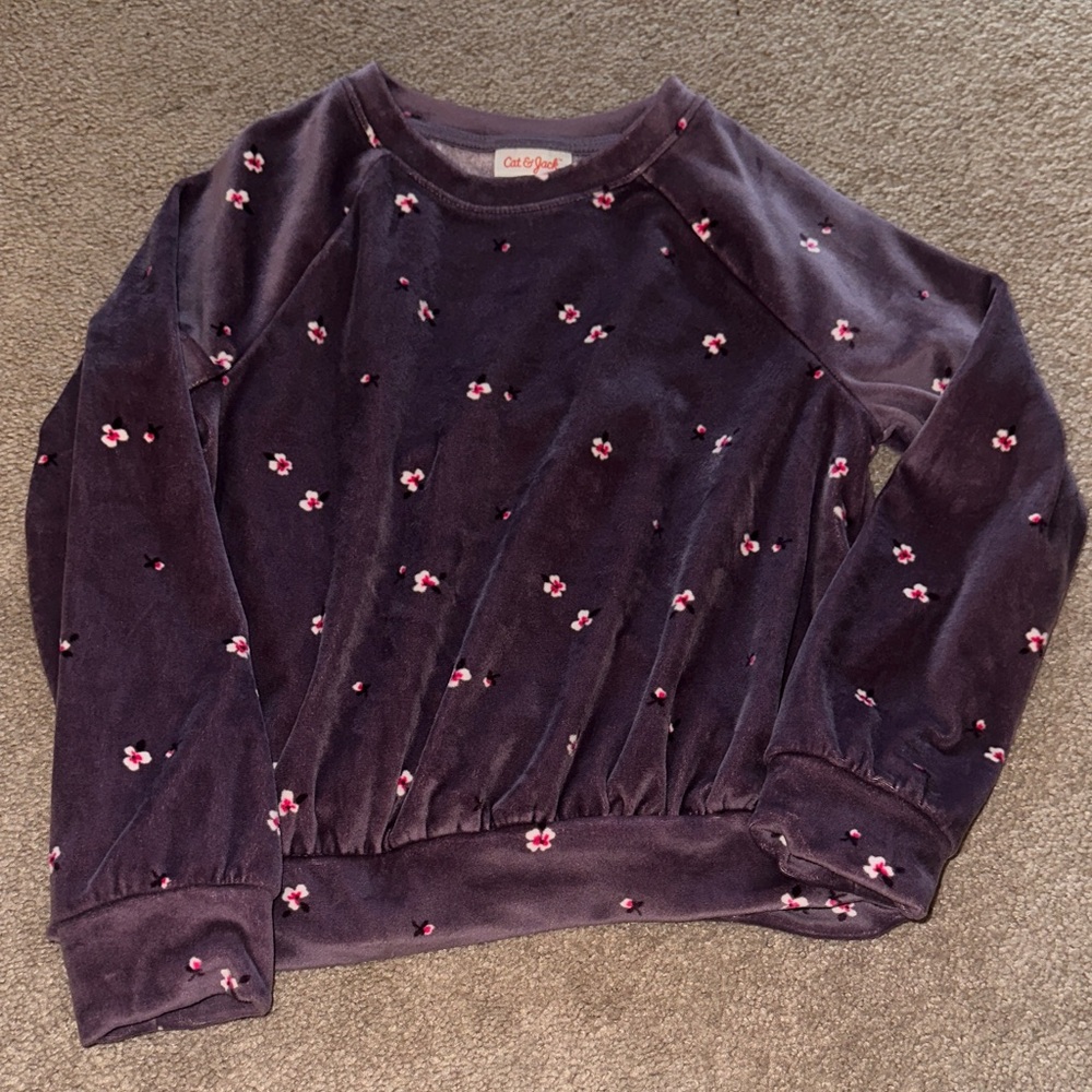 Cat & Jack Velvet Pullover Top - Deep Purple with Pink Floral Accents